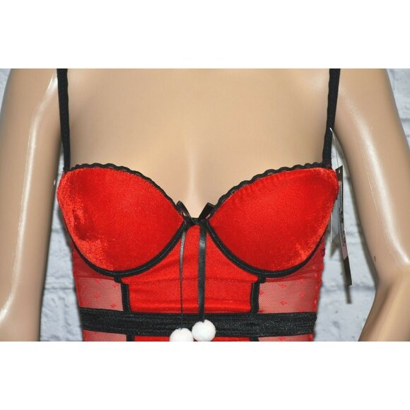 NWT CARRIE AMBER S RED SWISS DOT POM POM CHRISTMAS HOLIDAY LINGERIE CORSET TEDDY - Picture 2 of 11